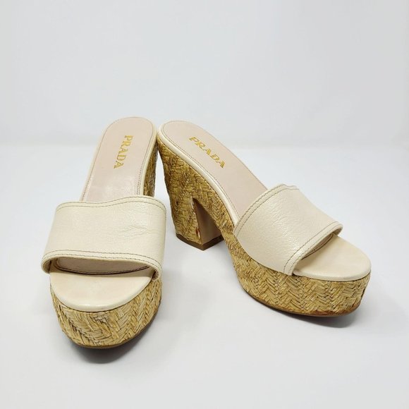 Prada Ivory Leather Slip On Wedge Sandals - Picture 11 of 13